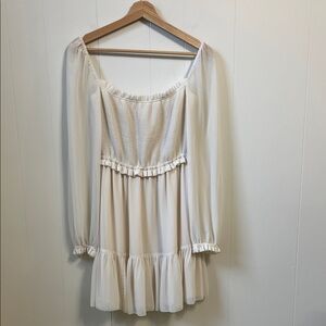 Aritzia Wilfred Tempest Smocked Chiffon Long Sleeve Mini Dress Light Birch SMALL